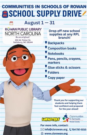 poster advertising the Communities in Schools and RPL school supply drive partnership in August 2025