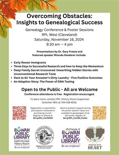 green poster with fall leaves motif advertising the Genealogy Conference