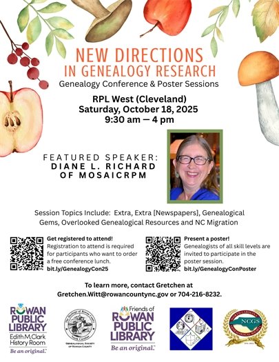 genealogy conference poster featuring a mushroom and leaf motif around the edges and a photo of Diane L. Richard