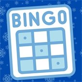 blue image with snowflake background and a picture of a BINGO card