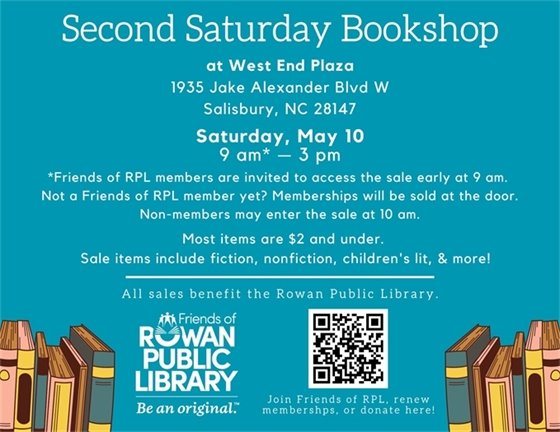 Blue flyer with white text detailing the Friends' Second Saturday Bookshop May 2025 sale