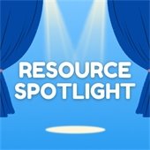 Blue curtains opening to reveal the text "Resource Spotlight" in bold white letters, illuminated by two spotlights on a blue background.
