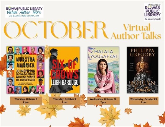 October virtual author talk flyers featuring book covers against a neutral background with fall leaves and acorns