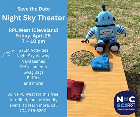 Blue graphic featuring a picture of Kelvin the NC SciFest mascot sitting on top of a cornhole board