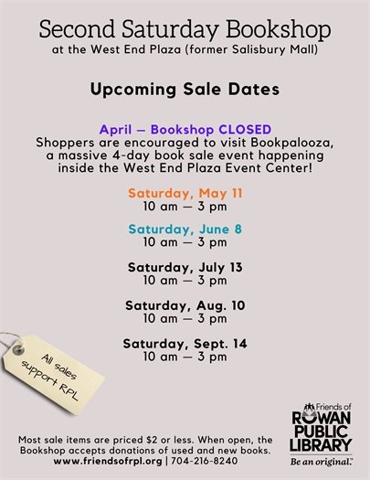 gray background with black text advertising upcoming Second Saturday Bookshop Sales