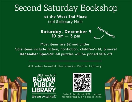 green flyer advertising the Second Saturday Bookshop's December 2023 sale date