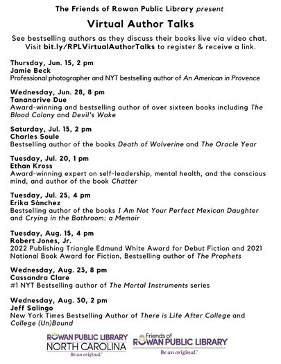 A newsletter page with a list of upcoming free virtual author talks