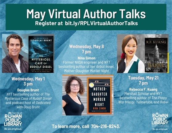 blue flyer advertising the May 2024 virtual author talks