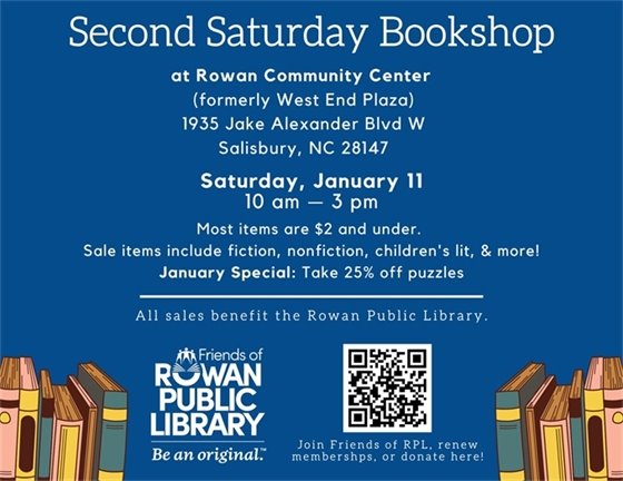 Blue flyer with white text detailing the Friends' Second Saturday Bookshop January 2025 sale