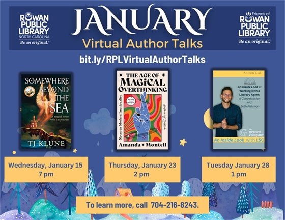 blue flyer with white and yellow text and images of book covers advertising January author talks
