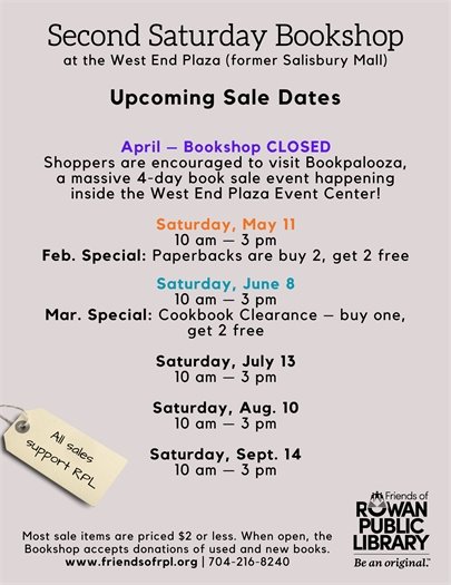 gray background with black text advertising upcoming Second Saturday Bookshop Sales