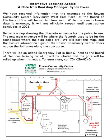 Map shows alternative entrances to the Rowan Community Center due to construction, effective June 1, 2025. Main access at the fountain area.