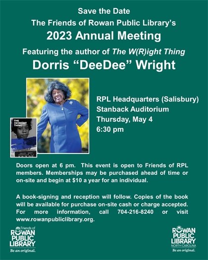 Green save the date flyer for the Friends Annual Meeting 2023 featuring a picture of author Dorris Dee Dee Wright 