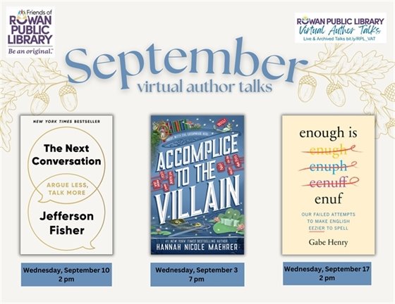 September virtual author talk flyers featuring book covers against a neutral background with fall leaves and acorns