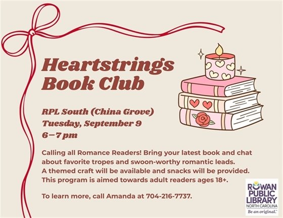neutral background with red text advertising the Heartstrings Romance Book Club