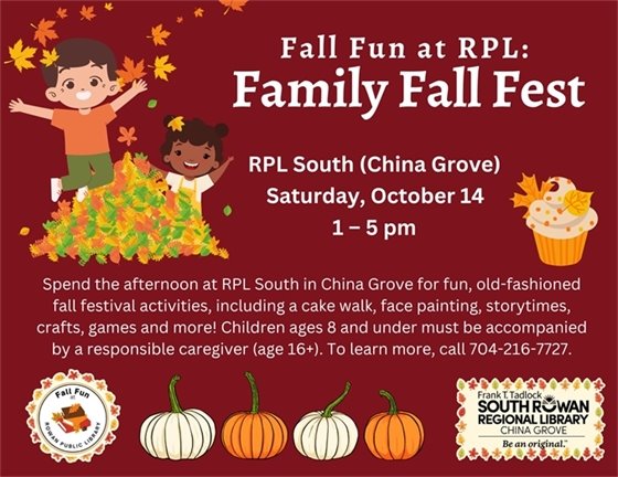 burgundy flyer with white text and an image of pumpkins, children playing in a leaf pile