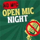 green image featuring a yellow crossed-out microphone with the words "no mic open mic night"