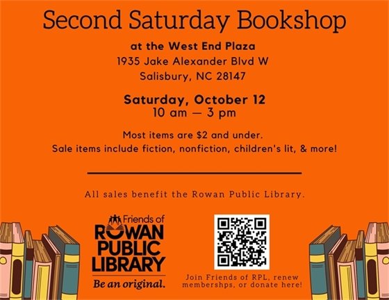 Orange flyer with black text advertising the October 2024 sale date at the Second Saturday Bookshop