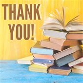 Books sitting against a yellow background with brown text reading "thank you!"