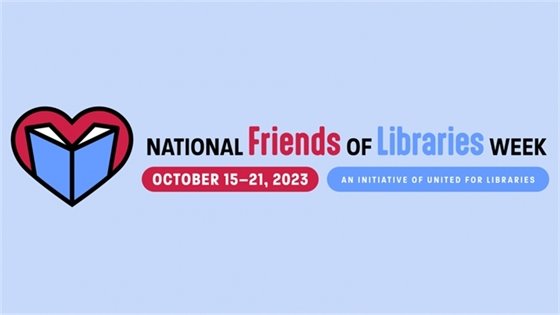 blue banner with book-heart graphic advertising friends of the library week 