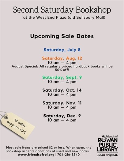 gray newsletter page with information about upcoming Second Saturday Bookshop sale dates