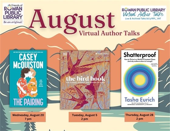 august virtual author talk flyers featuring book covers against a mountain and lake background