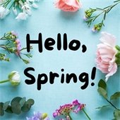 image of flowers surrounding black text reading "hello, spring"