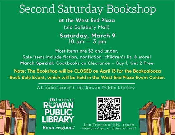 green flyer with yellow and white text advertising the March 2024 Second Saturday Bookshop sale