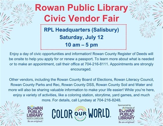 blue flyer with firework graphics, logos, and information about the civic vendor fair at RPL Headquarters from 10 am to 5 pm on Saturday, July 12