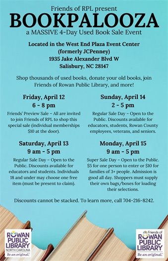 Blue flyer with images of books and black text offering Bookpalooza 2024 details