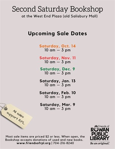 Second Saturday Bookshop upcoming sale dates in red, green, orange, and black text