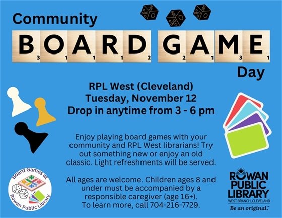 blue flyer with black text advertising a board games program at RPL West