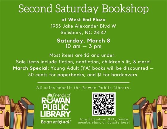 Green flyer with white text detailing the Friends' Second Saturday Bookshop March 2025 sale