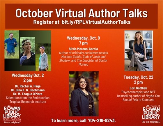 orange flyer advertising the October 2024 virtual author talks