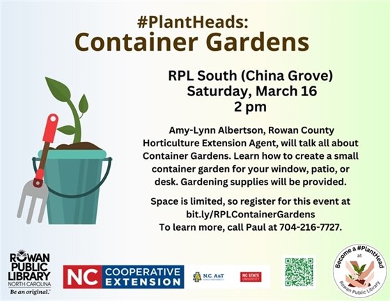 a flyer for the March 16 container gardens program featuring logos and an image of a plant growing in a bucket
