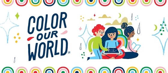 Color Our World banner decorated with colorful doodles and scribbles