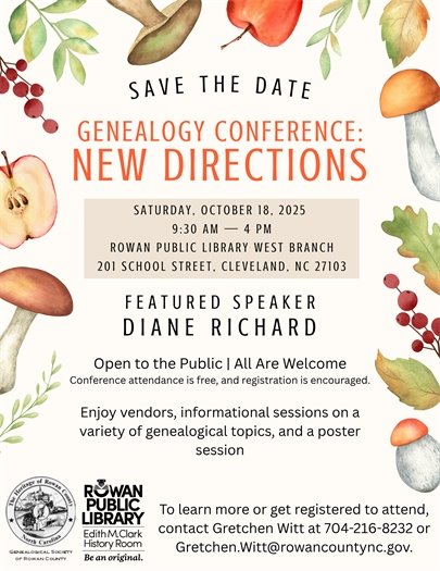 genealogy conference 2025 save the date graphic with fall leaves and mushrooms decorating the edges