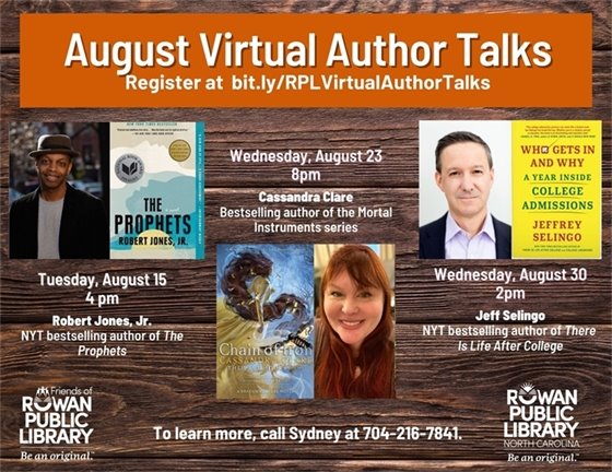author talks flyer featuring three authors slated to speak in August