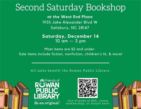 green flyer with white text, white friends of rpl logo, and pictures of books