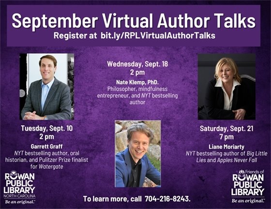 purple flyer advertising the September virtual author talks