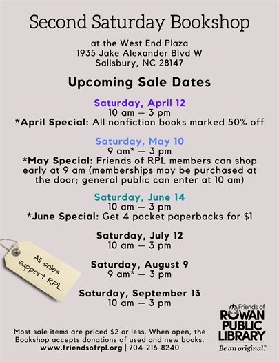 image of the Friends of RPL's Second Saturday Bookshop with future sale dates