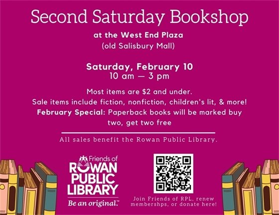 pink flyer advertising the Second Saturday Bookshop's February 2024 sale date