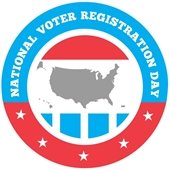 National Voter Registration Day logo featuring an outline of the USA with red and blue accents
