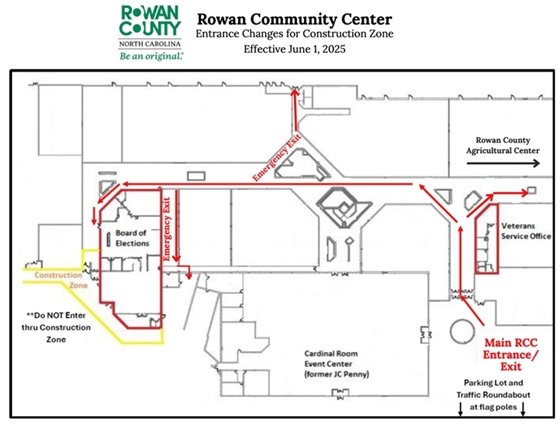 map detailing alternate route into Rowan Community Center during construction