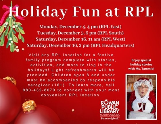 red flyer advertising the Holiday Fun at RPL programs at all four RPL locations