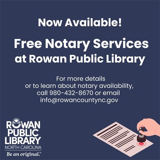 blue graphic with white text and an image with a hand stamping a document advertising RPL's notary services