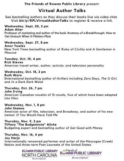 list of virtual author talks coming to RPL this fall