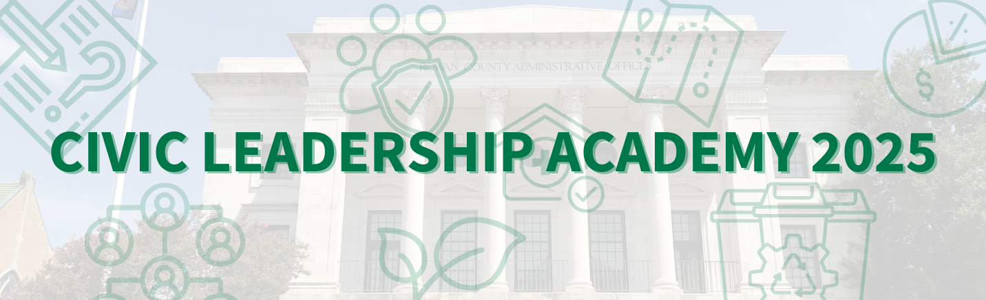 Civic Leadership Academy 2024 text overlaid on county building with icons