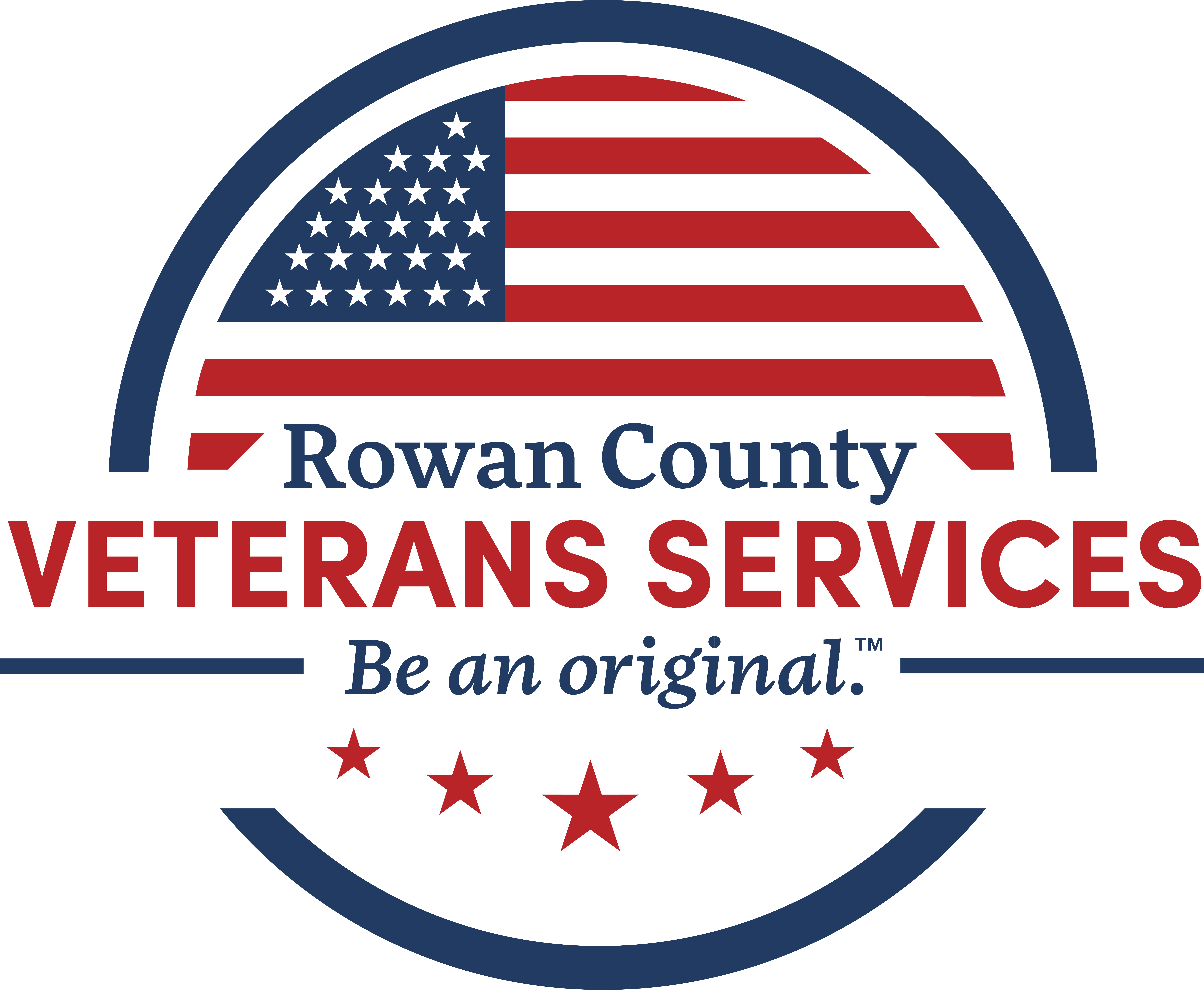 Logo of Rowan County Veterans Services featuring a stylized American flag with red and white stripes